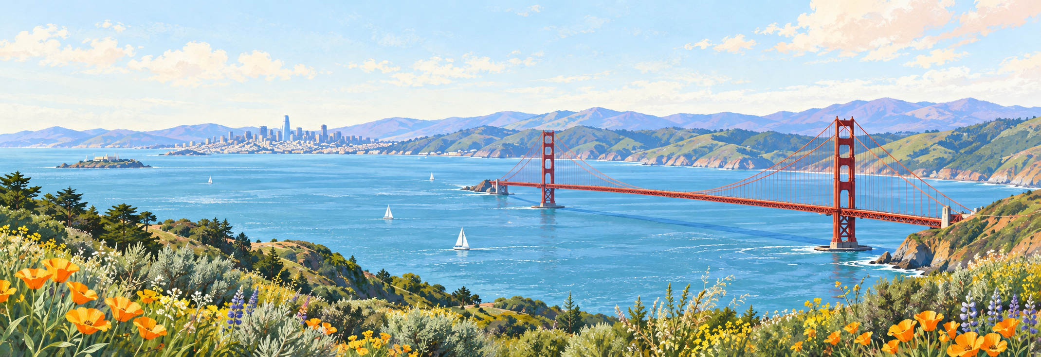 A painted panorama of San Francisco Bay, with the Golden Gate Bridge, sailboats, and wildflowers.